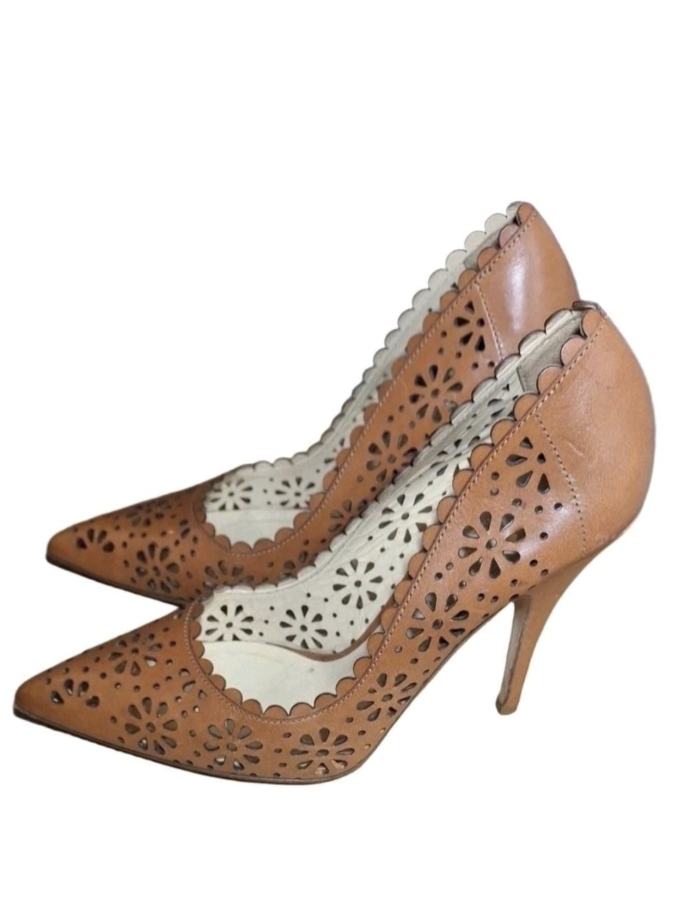 Kate Spade Tan Laser-Cut Scalloped Pointed Toe Pumps